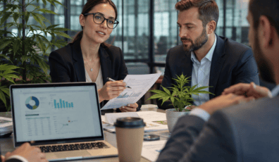 Cannabis risk partner discussing business strategy and risk management with industry professionals.